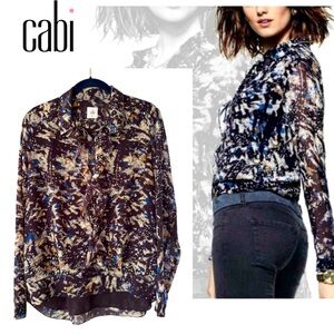 CAbi Starry Night Ruffle Blouse Size Medium Blue Black Brown Multi Chiffon
